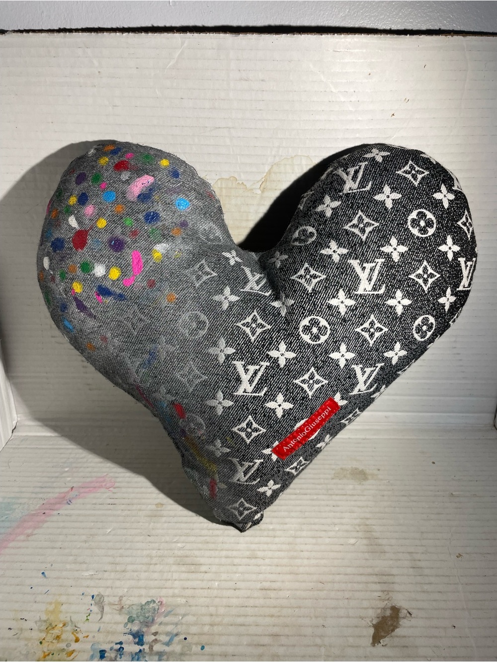 Heart-Shaped Pillow with LV Monogram Print and Paint Splatter